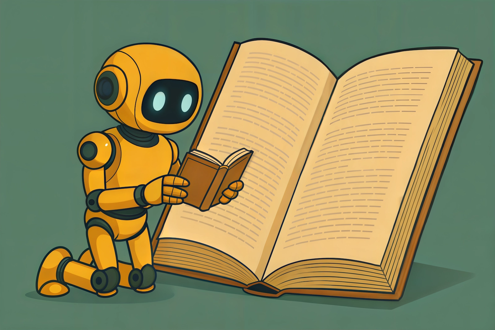 A small yellow robot with glowing eyes kneels on the floor, holding and reading a tiny book while facing an enormous open book that towers over it. The contrast in size between the robot and the giant book creates a whimsical and imaginative scene, set against a simple green background.