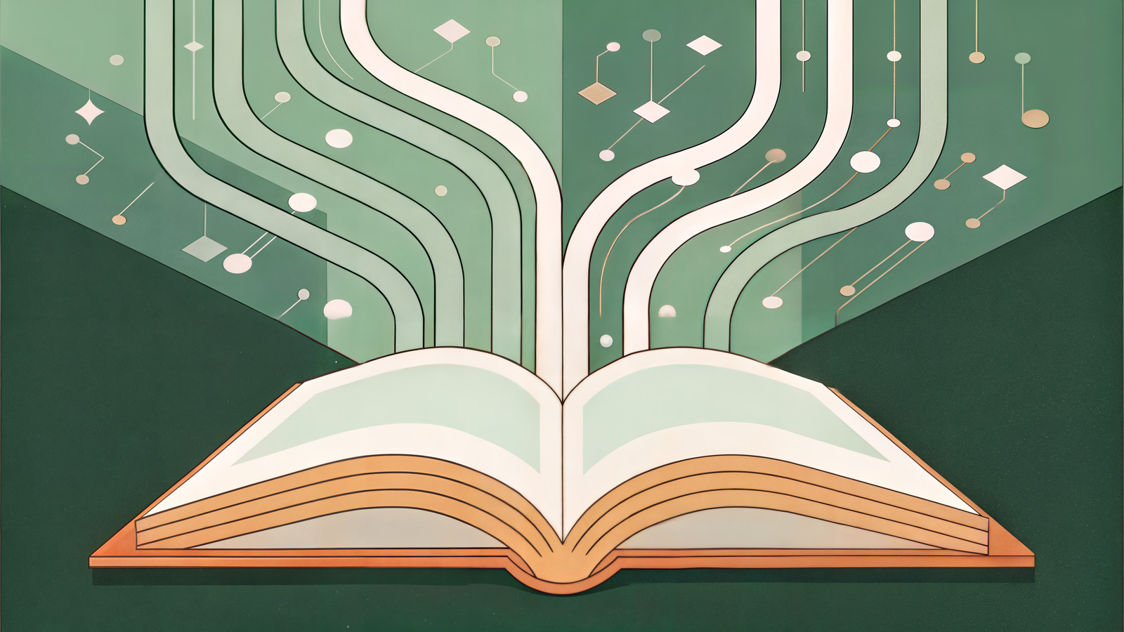 An open book with data-like streams and geometric shapes flowing upward, blending analog and digital themes.