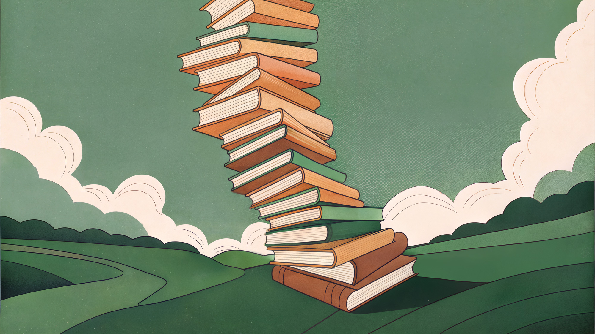 An abstract illustration of an extremely tall, unstable tower made of stacked books collapsing in a cloud of dust and flying pages. The scene suggests sudden destruction or upheaval, with a dark green sky and rolling hills in the background, symbolizing the fragility of knowledge or publishing structures.