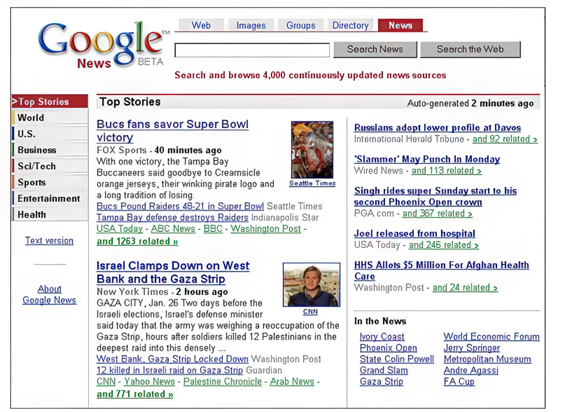 A screenshot of the early 2000s Google News Beta interface, showing a list of top stories including headlines about the Super Bowl, Gaza Strip conflict, and Davos summit. The layout features a classic web design with a gray search bar, red navigation tabs, and blue hyperlinked headlines. The interface includes categories like World, U.S., Business, and Sci/Tech on the left side, reflecting the early aggregation style of online news platforms.
