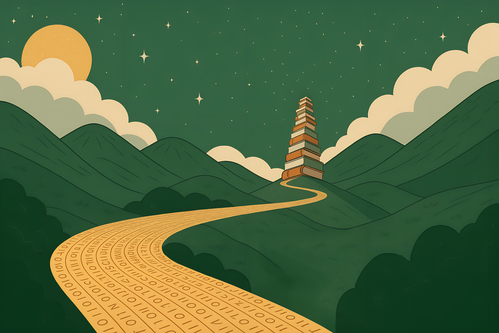 A surreal, editorial-style illustration of a golden road made of binary code (1s and 0s) winding through green hills under a starry night sky. The road leads to a tall, teetering tower made of stacked books at the base of a mountain. The scene suggests a journey from data to knowledge, highlighting the fragile intersection of technology and publishing.