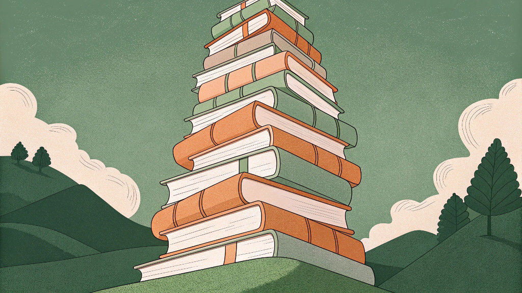 An abstract illustration of a towering, slightly unstable stack of oversized books rising from a grassy hilltop, surrounded by rolling green hills and stylized clouds. The image symbolizes the precarious foundation of the publishing industry in a changing digital landscape.