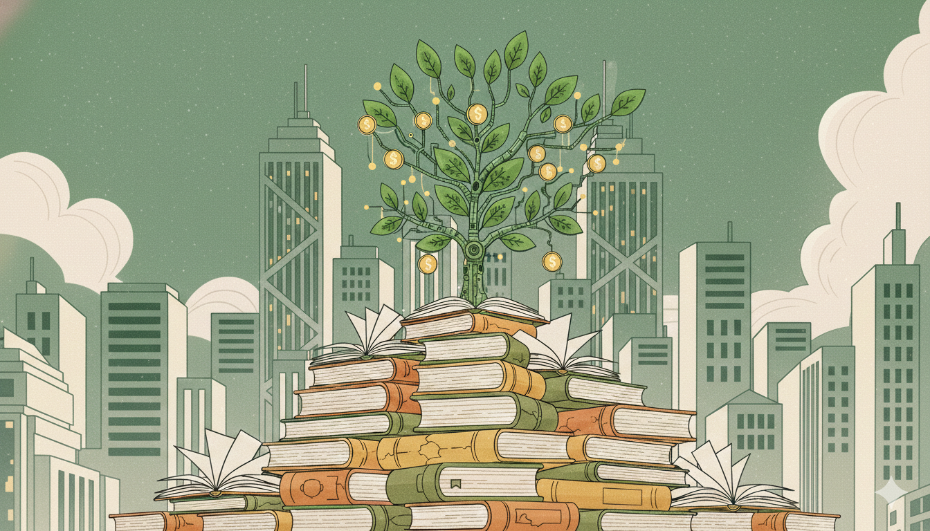 A minimalist Ligne-Claire illustration in muted sage green and cream tones. A large pile of vintage books sits in the foreground, with a futuristic, mechanical sapling growing out of the top. The sapling features a robotic trunk with visible joints and circuit-like branches, holding green leaves and several plain, smooth gold coins as fruit. The background shows a vast, clean urban skyline with geometric skyscrapers under a soft, grainy sky.