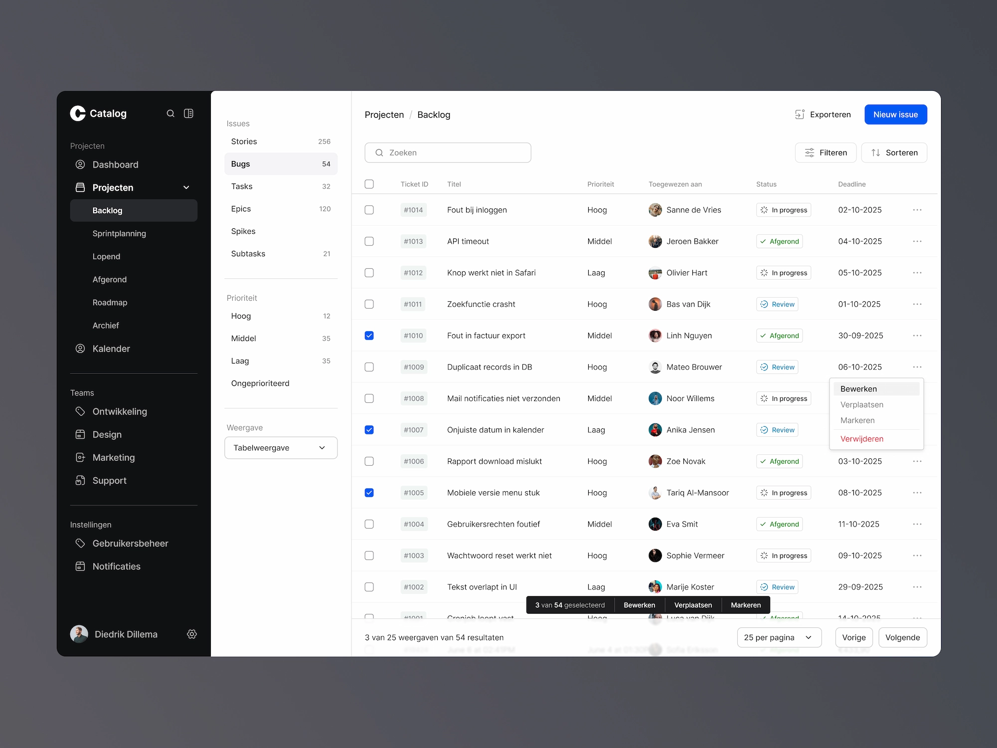 Dashboard snippet van Catalog project management platform