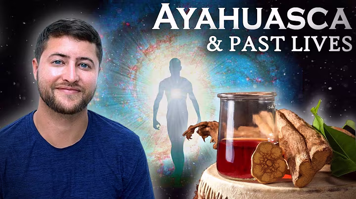 A serene portrait of a man smiling, set against a cosmic background featuring a glowing human silhouette symbolizing spiritual awakening. In the foreground, a traditional cup of ayahuasca brew with natural ingredients sits on a wooden surface, emphasizing the connection between ayahuasca and past life exploration. The bold title "Ayahuasca & Past Lives" highlights the theme of the image.