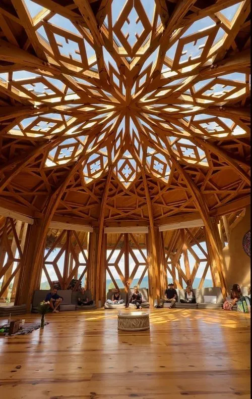 A group of people sit quietly on cushions around the edge of a spacious, sunlit wooden dome with intricate geometric skylights, surrounded by panoramic mountain views. The peaceful setting invites mindfulness and connection.