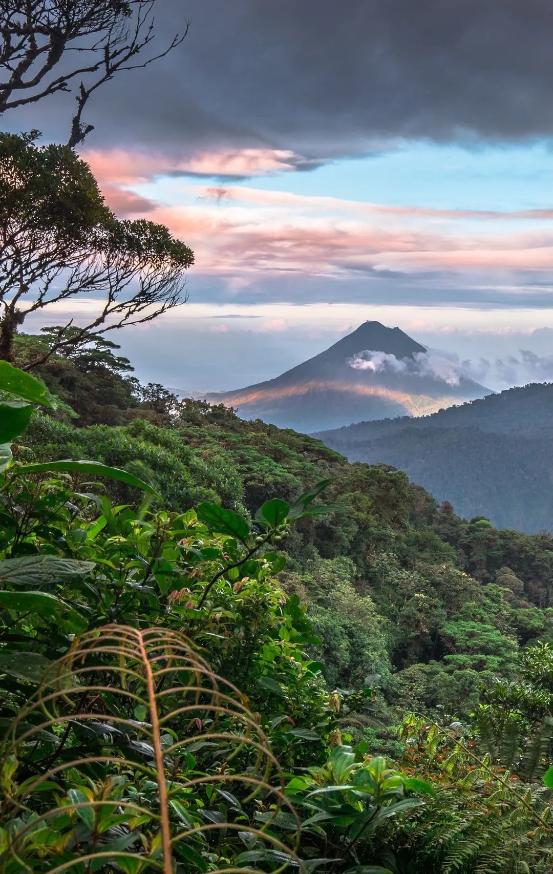 Lush rainforest overlooking a distant volcano under a dramatic sky at sunset near a Costa Rica retreat center.