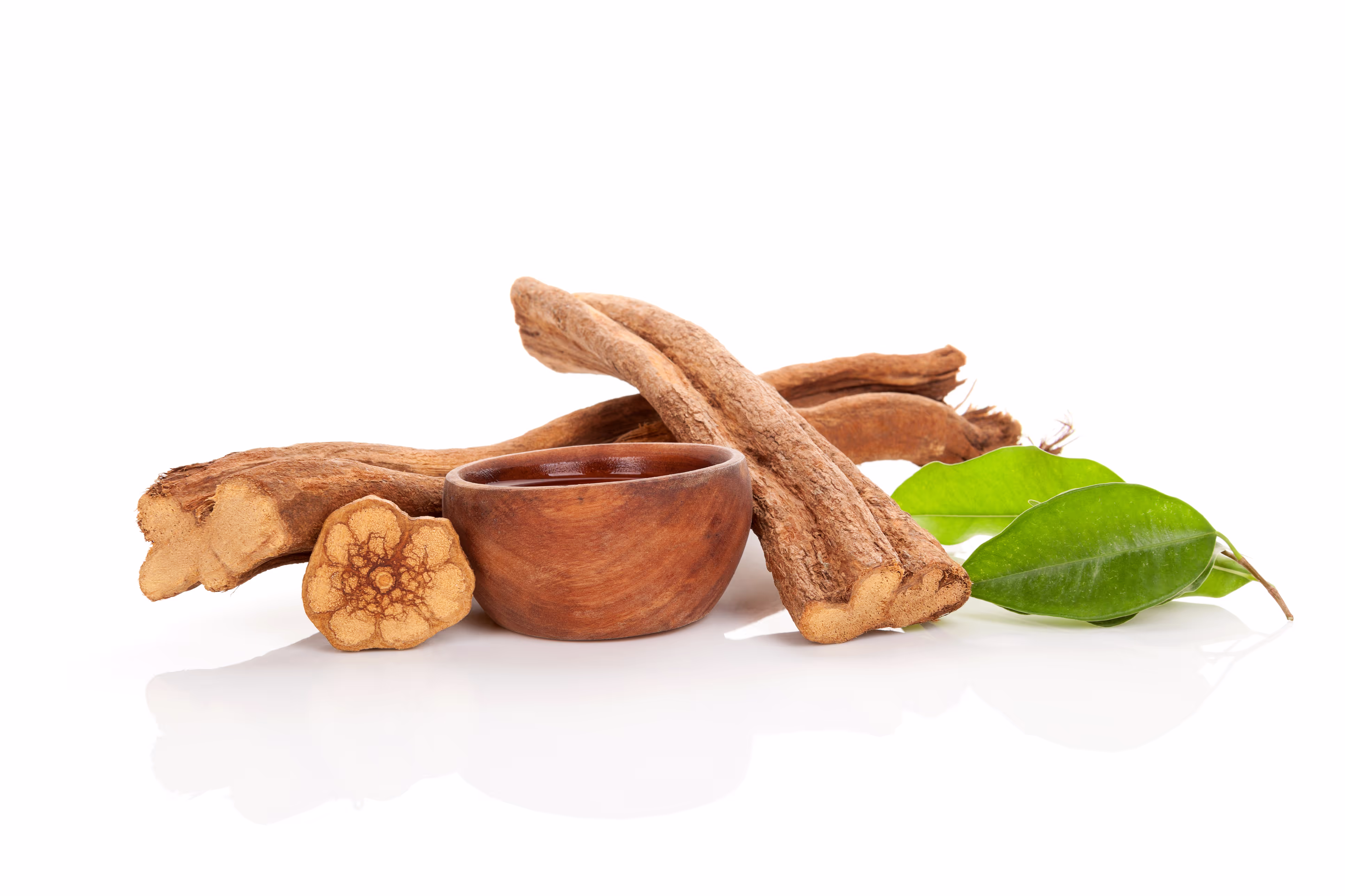 Ayahuasca vine cross-section, chakruna leaves, and a wooden ceremonial cup displayed on a white background, representing the key ingredients used in traditional plant medicine ceremonies.