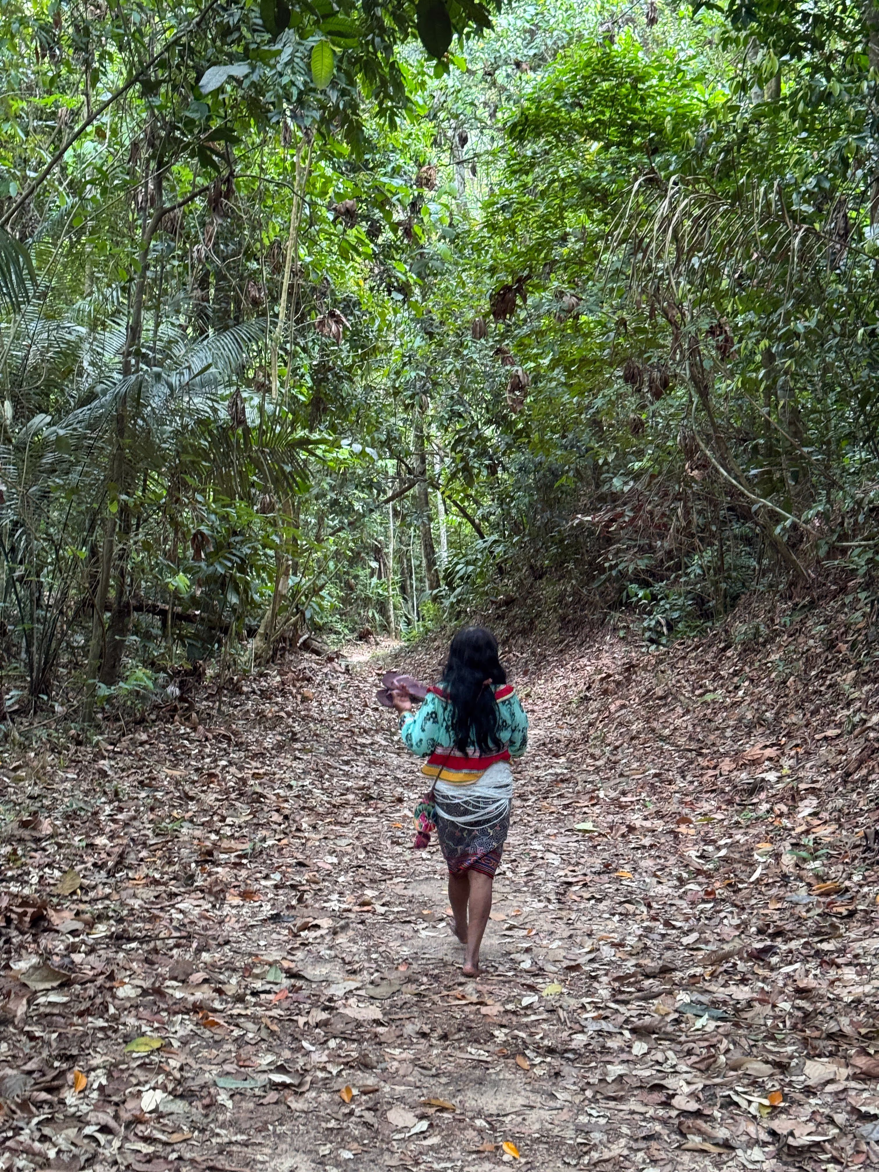 Indigenous woman walking barefoot through a lush Amazon jungle trail, carrying ceremonial items and wearing traditional clothing on the way to a sacred healing ritual.