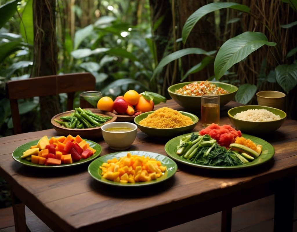 Colorful spread of plant-based dieta foods including fruits, vegetables, grains, and herbal tea, arranged on a wooden table in a lush jungle setting.