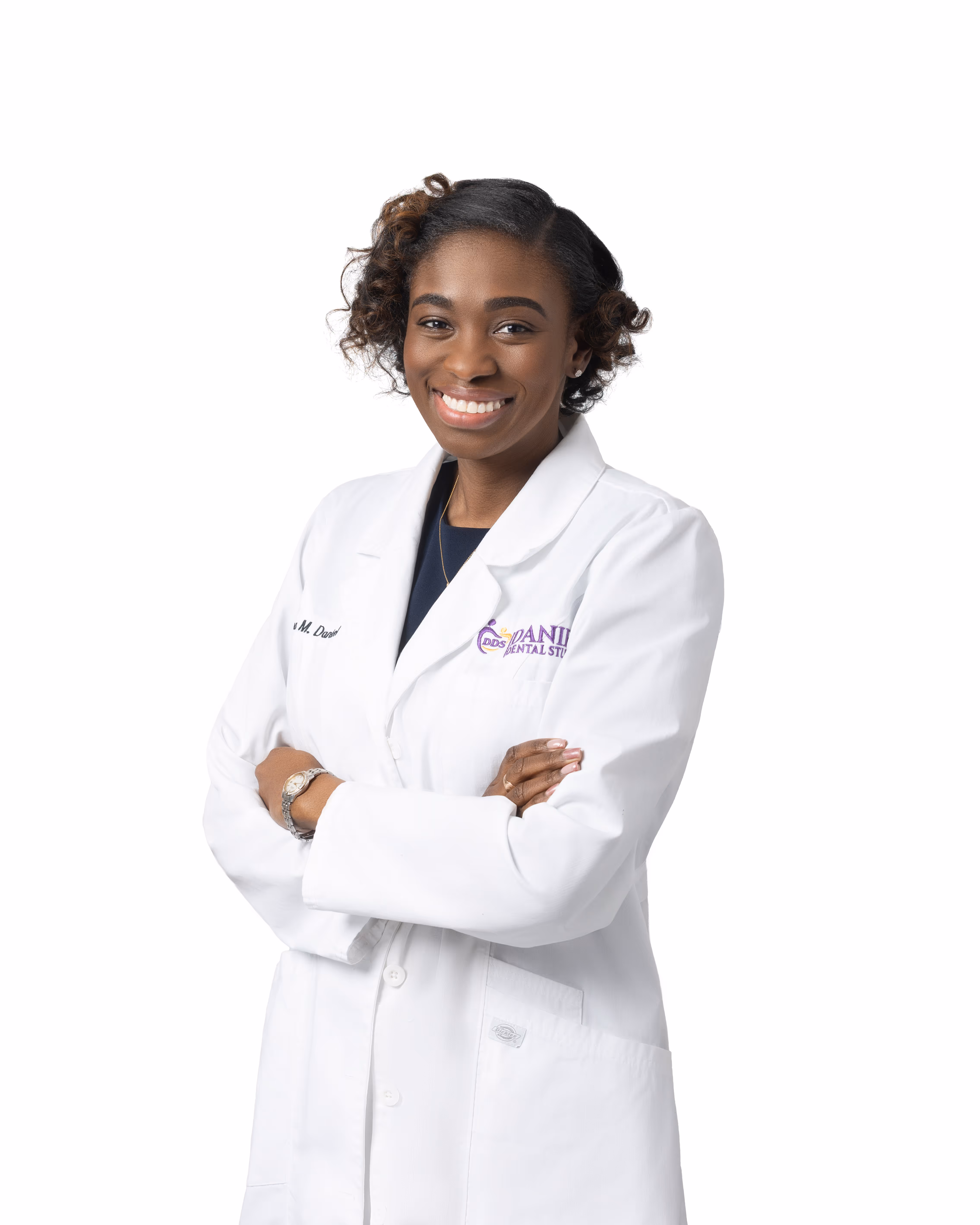 A woman in a white lab coat.