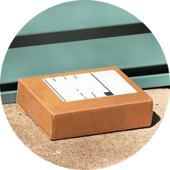 Joyous medication shipment box at a front door