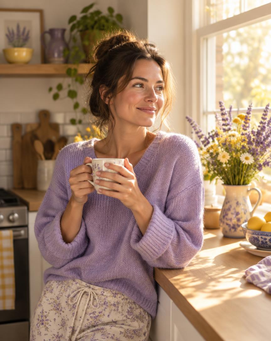 Woman smiling at home in morning light, holding a mug