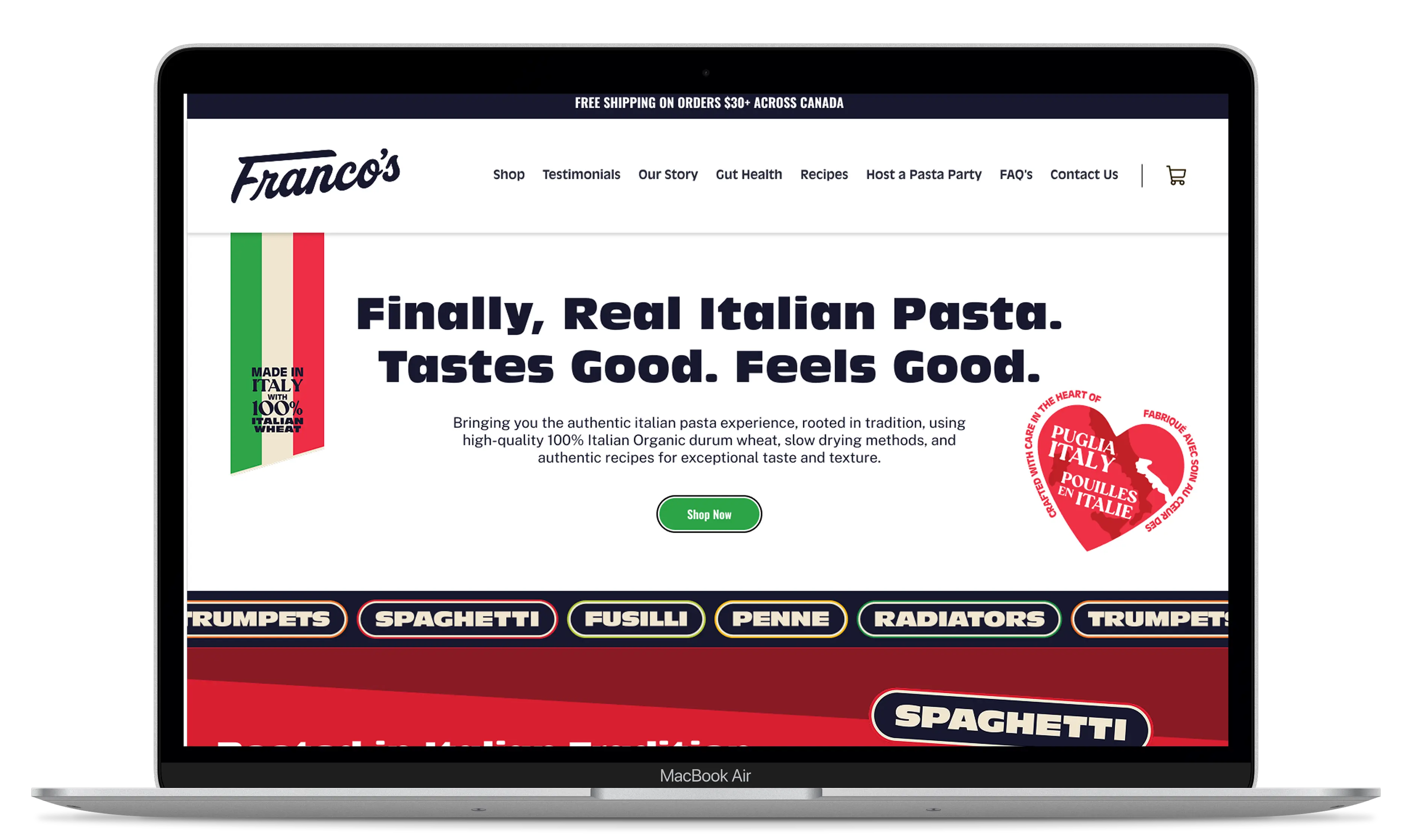 Home del sitio web de Franco's Pasta