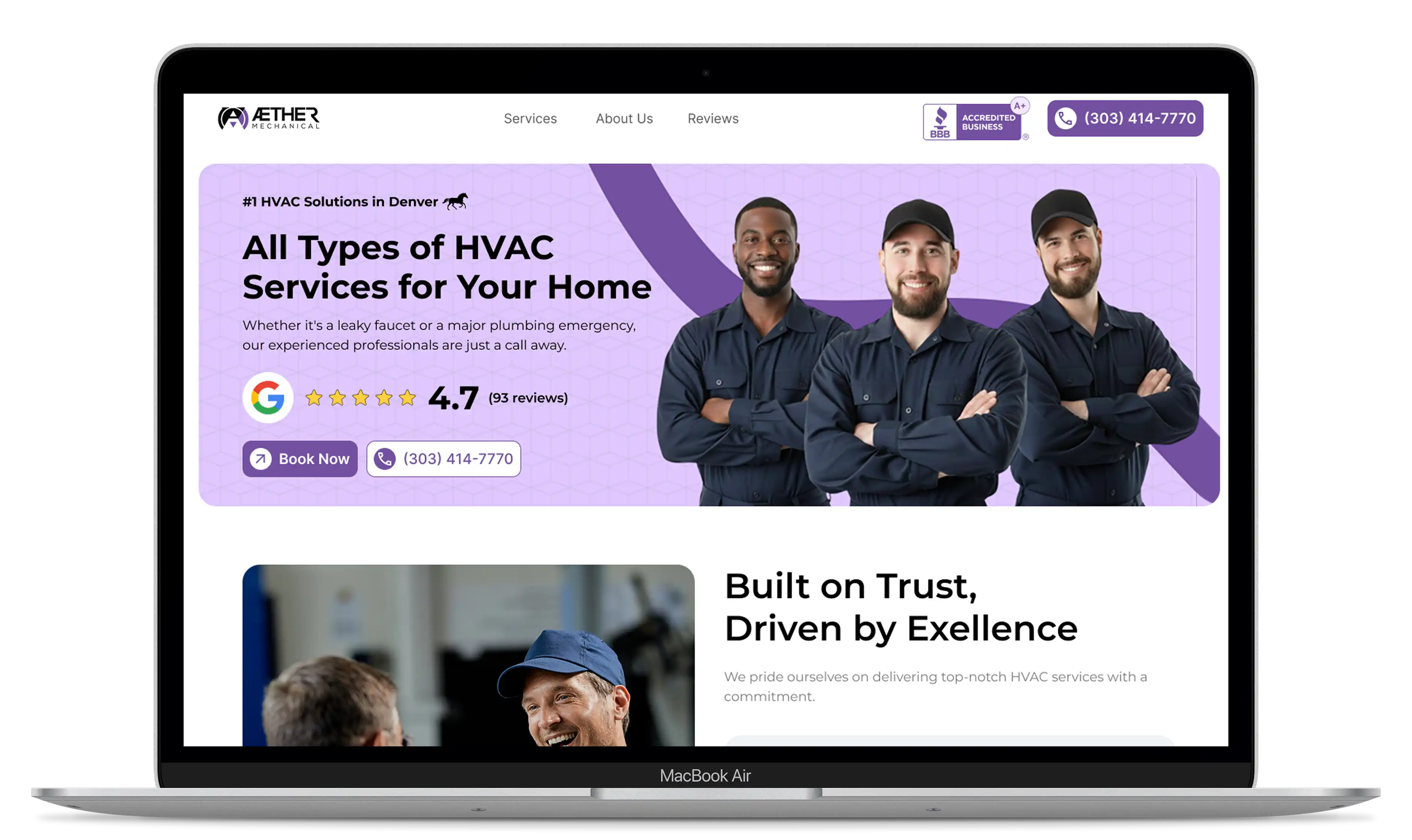 Home del sitio web de Aether Mechanical, servicios HVAC