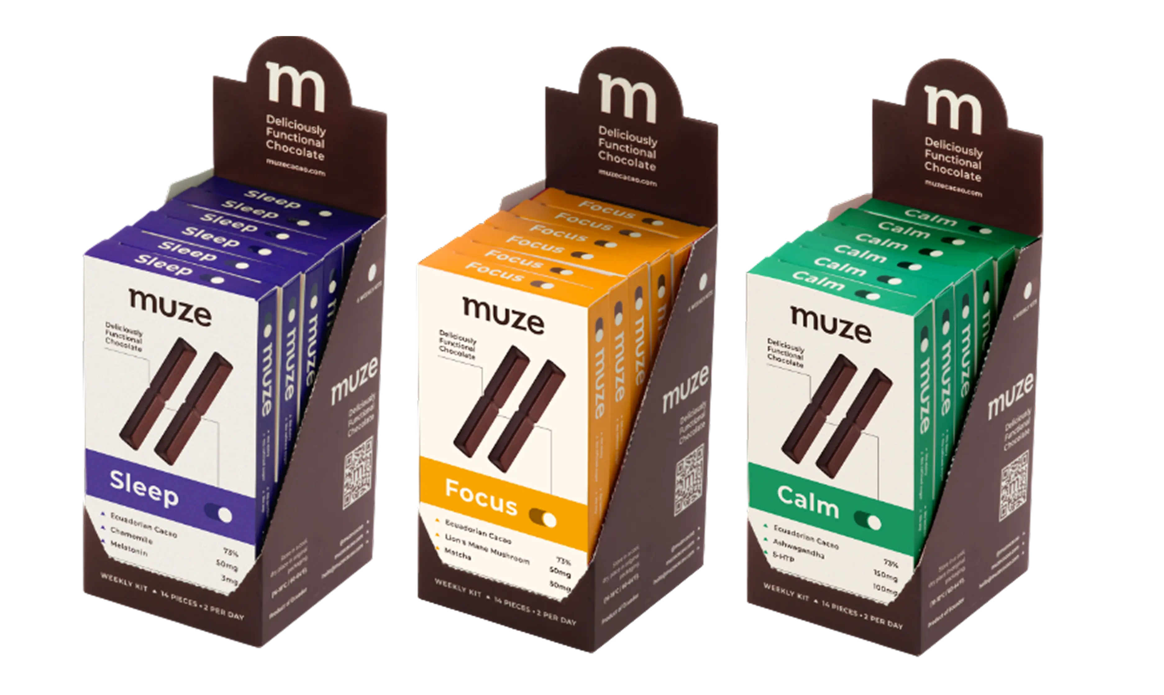 MUZE functional chocolate packaging in Sleep, Focus and Calm variants