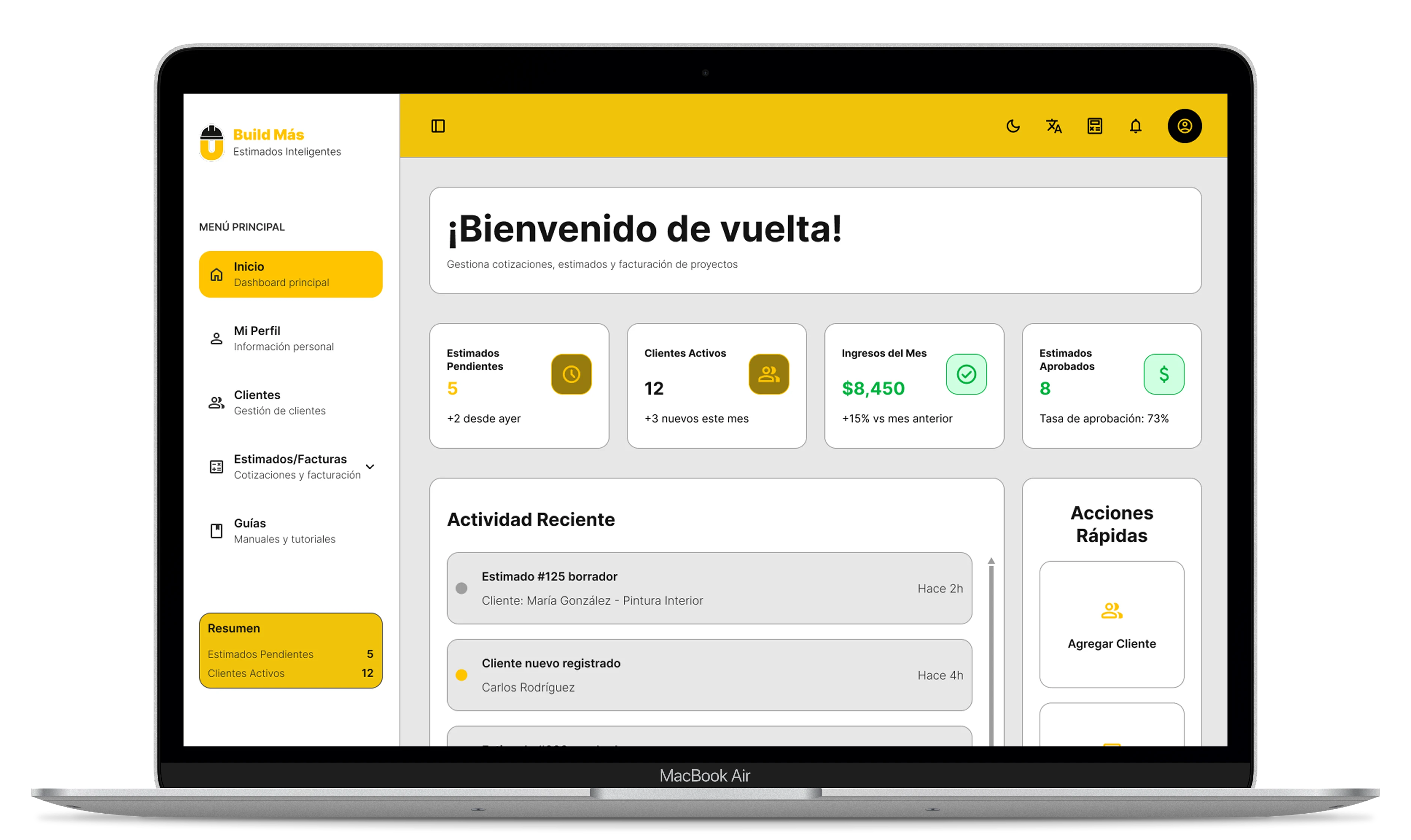 Dashboard de estimados de Build Más