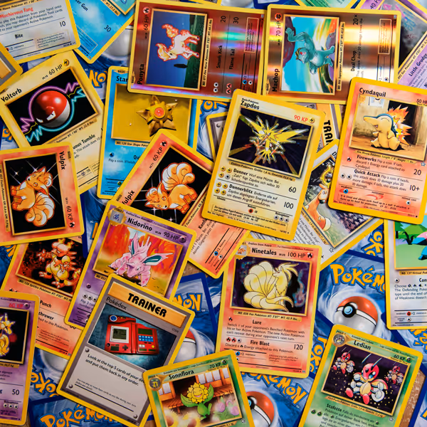 A picture of a pile of Pokemon cards.
