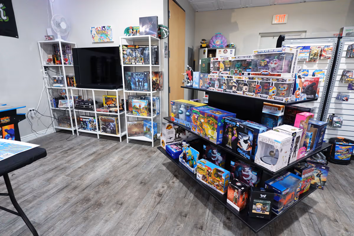 A picture of displays inside of a game store.