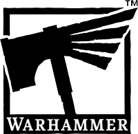 Warhammer logo with stylized hammer and wing design inside a square frame.