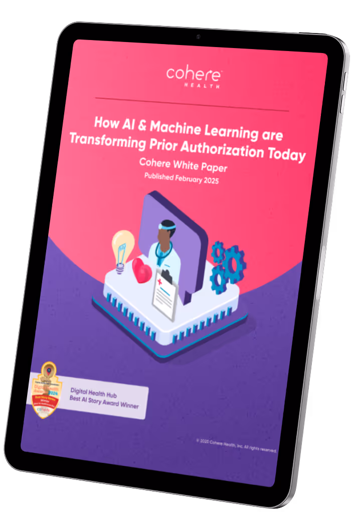 iPad displaying a whitepaper cover titled "How AI and Machine Learning are Transforming Prior Authorization Today"