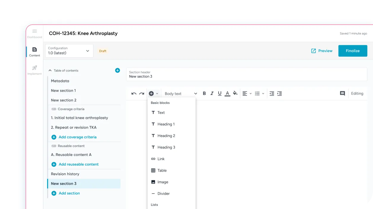 User interface of a digital policy editor for knee arthroplasty with sections for metadata, coverage criteria, reusable content, and revision history, showing a toolbar for adding text and formatting in the section 'New section 3'.