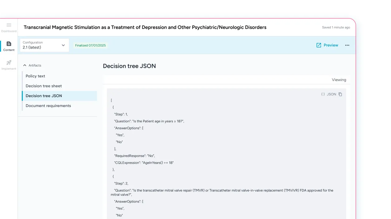 Screenshot of a software interface showing a decision tree JSON for Transcranial Magnetic Stimulation treatment policy with questions on patient age and mitral valve repair.
