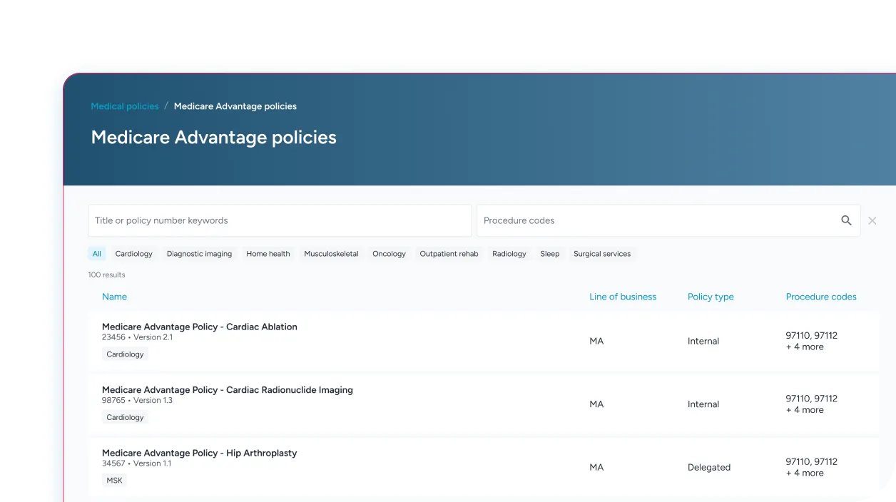 User interface screen showing a list of Medicare Advantage policies with filters for categories like Cardiology, Diagnostic imaging, and Home health, and columns for name, line of business, policy type, and procedure codes.