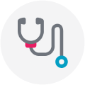 Stethoscope icon with a gray tube, red connector, and blue chest piece on a light gray circular background.