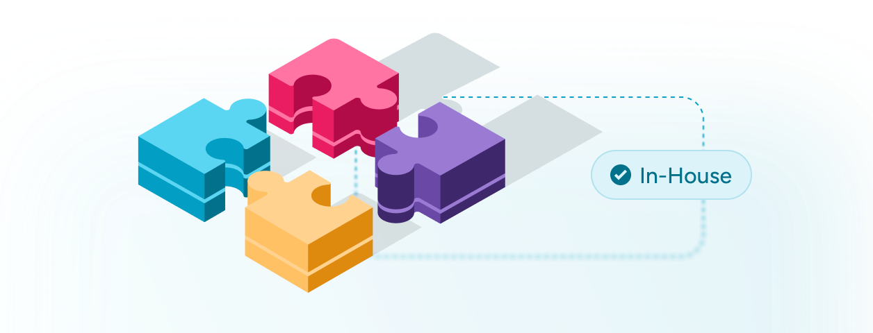 Four 3D puzzle pieces in blue, pink, purple, and yellow fitting together with a checkmark icon and the text 'In-House' to the right.