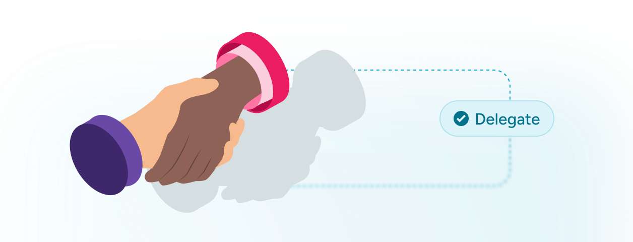 Illustration of two hands shaking in agreement with a checkmark button labeled 'Delegate' on a blue background.