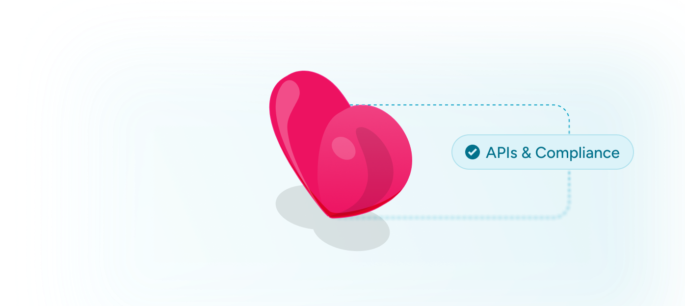 Red heart icon casting a shadow on a blue gradient background beside a label with a checkmark that says APIs & Compliance.
