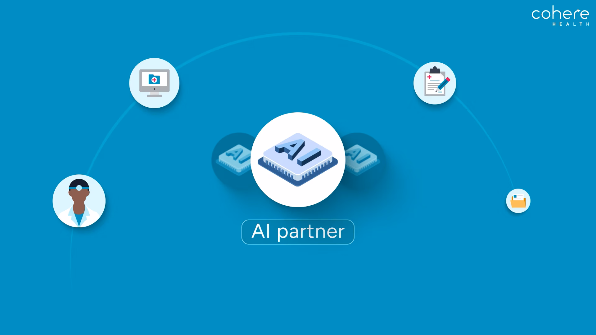 Graphic showing a central chip labeled AI with icons of a doctor, a computer screen, a clipboard, and a folder connected around it, representing an AI partner in healthcare.