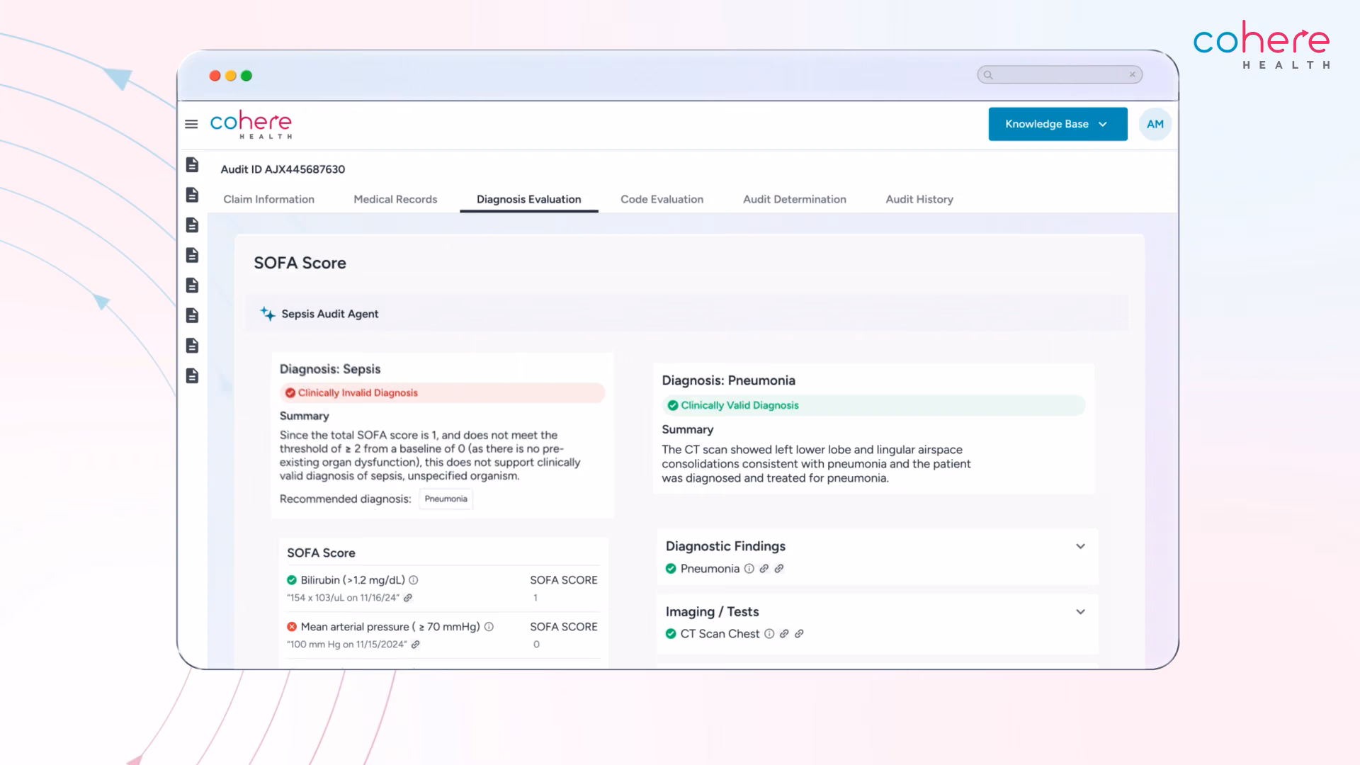 Cohere Health web interface showing a SOFA score evaluation with diagnoses for Sepsis marked clinically invalid and Pneumonia marked clinically valid, including summaries and related test information.
