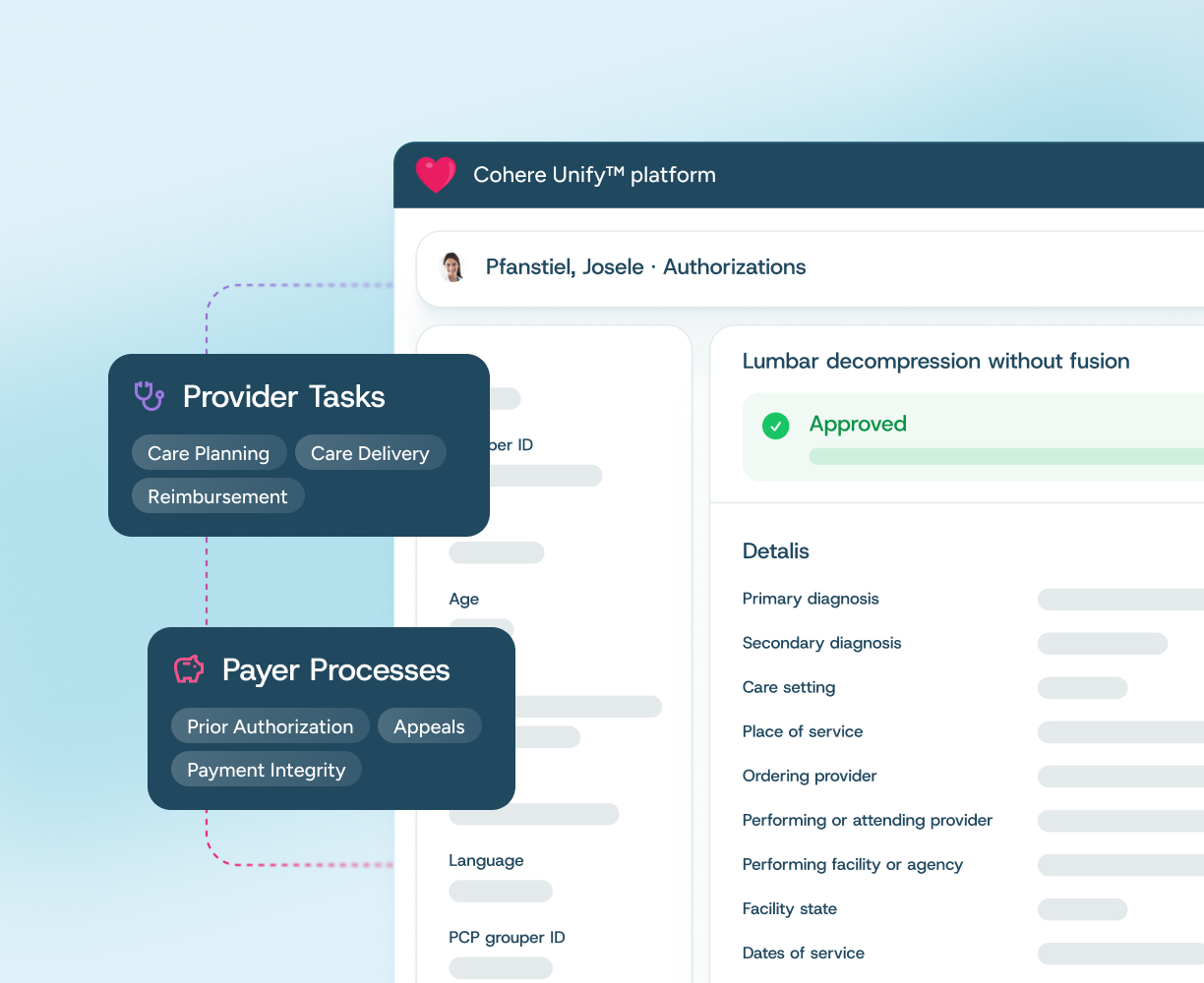 User interface of Cohere Unify platform showing provider tasks and payer processes with medical authorization details.