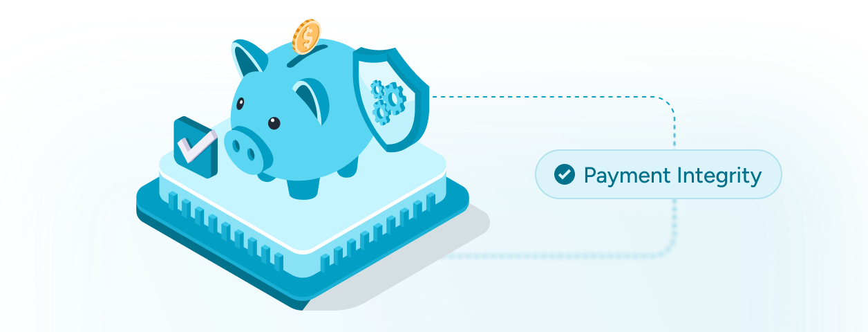 Blue piggy bank with coin, shield, and checkmark representing payment integrity.