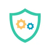 Green shield outline with orange and blue gears inside on white background.