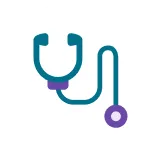 Blue and purple stethoscope icon on a white circular background.