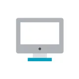 Simplified icon of a desktop computer monitor with a stand inside a white circle.