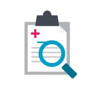 Clipboard with paper showing a red cross and a magnifying glass over blue circle text.