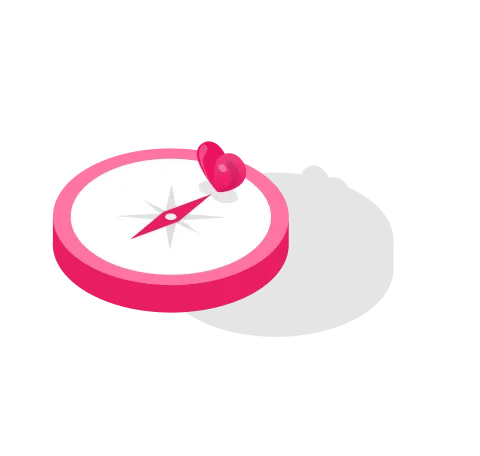 Pink compass with a heart-shaped needle pointing northeast.