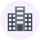 Icon of a gray multi-story office building with windows and a dark entrance on a light purple circle.