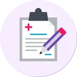 Clipboard with medical form showing a red cross and a pencil writing on it.