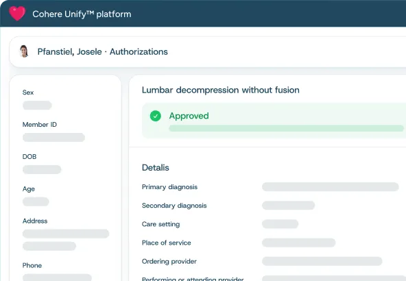 Healthcare platform screen showing approved lumbar decompression authorization and patient details form.