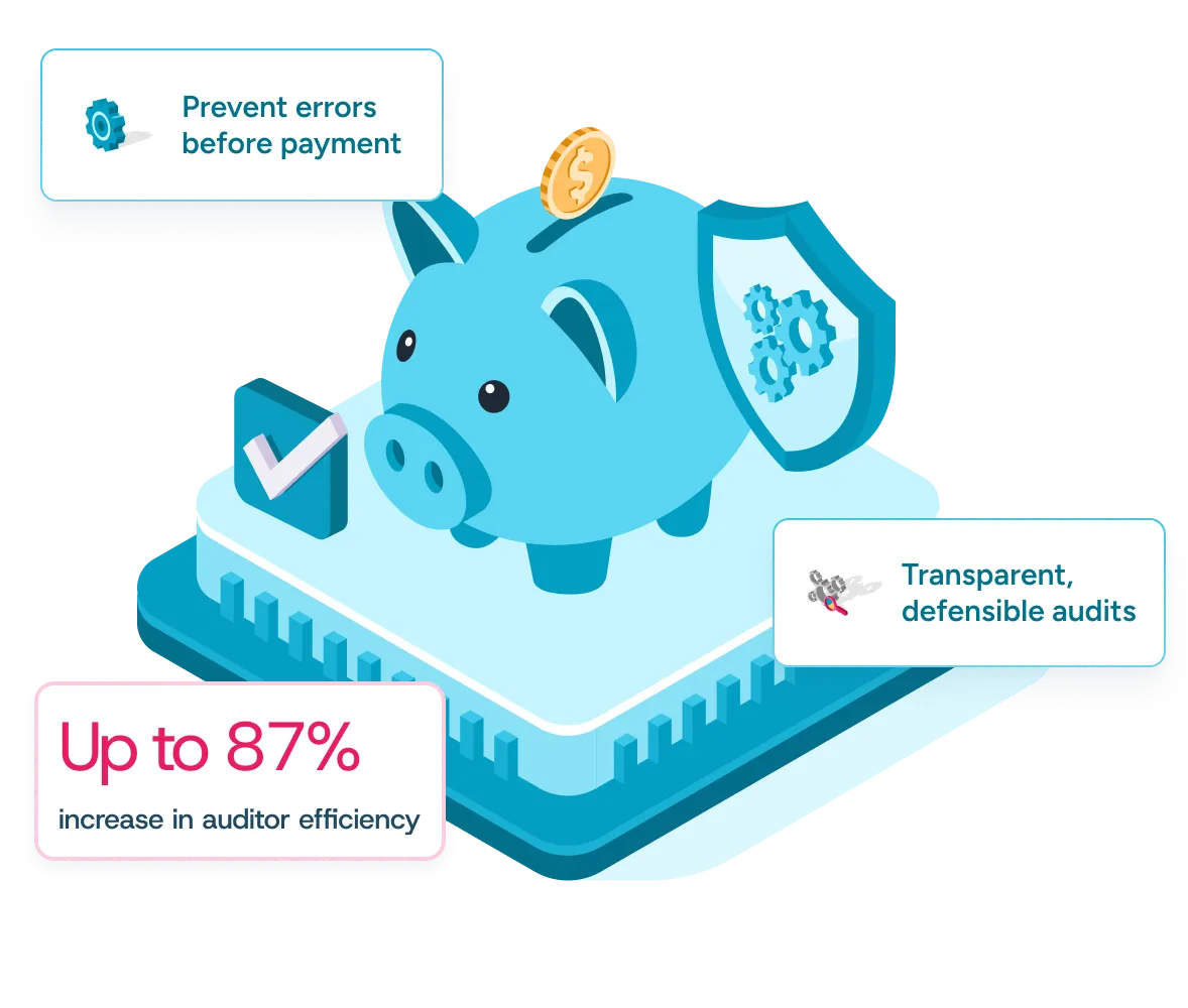Blue piggy bank with coin, shield, and checkmark highlighting error prevention, audits, and increased efficiency.