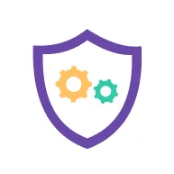 Purple shield outline containing two interlocking gears, one orange and one teal, on a white circular background.