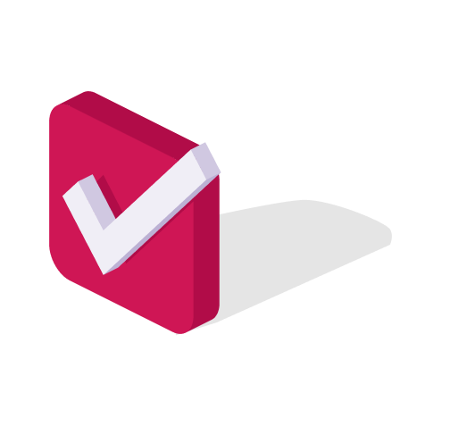 Three-dimensional red checkmark icon with a white check symbol on it, tilted and casting a shadow.