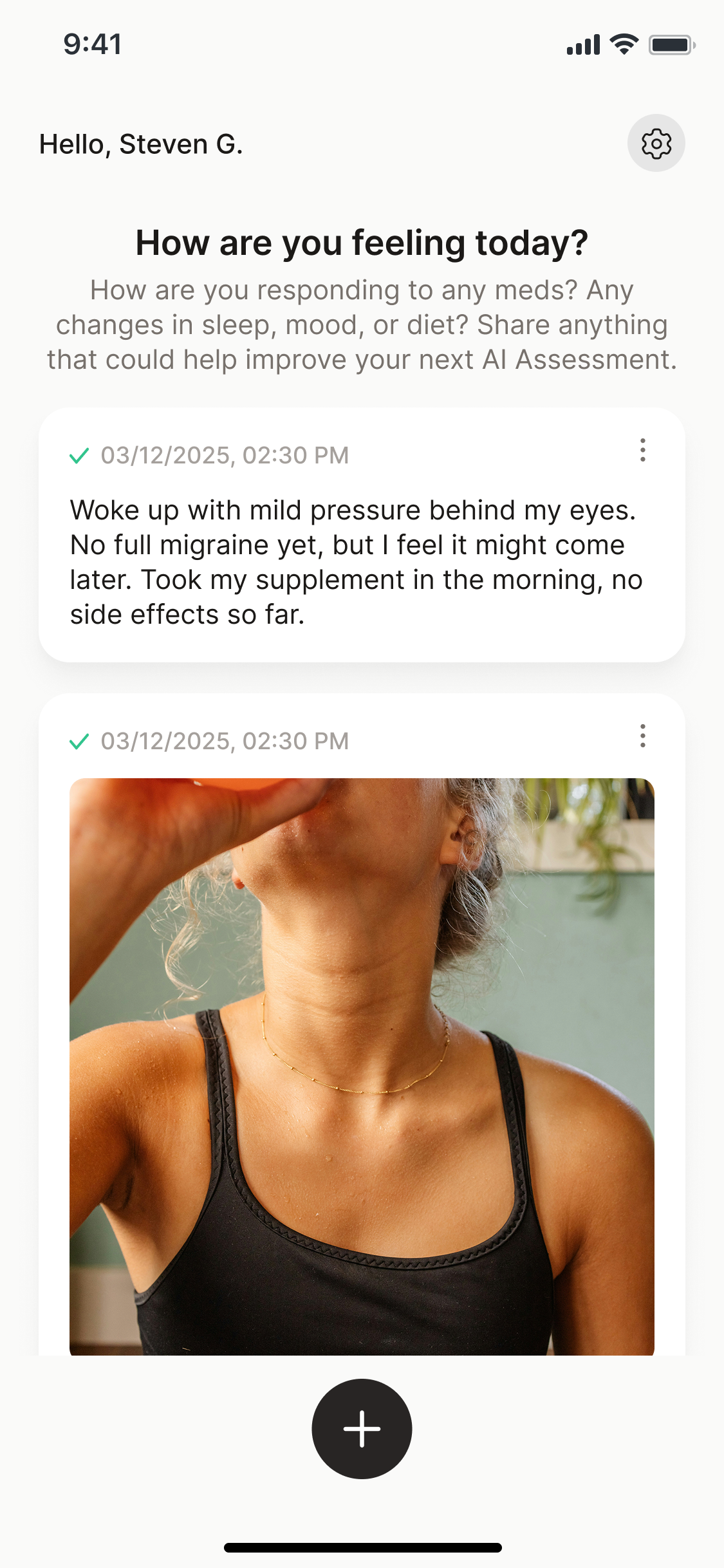 Mobile app interface showing patient health update and woman taking supplement.
