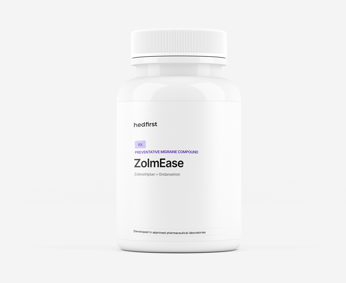 FDA-approved ZolmEase prescription white bottle for compound migraine relief.