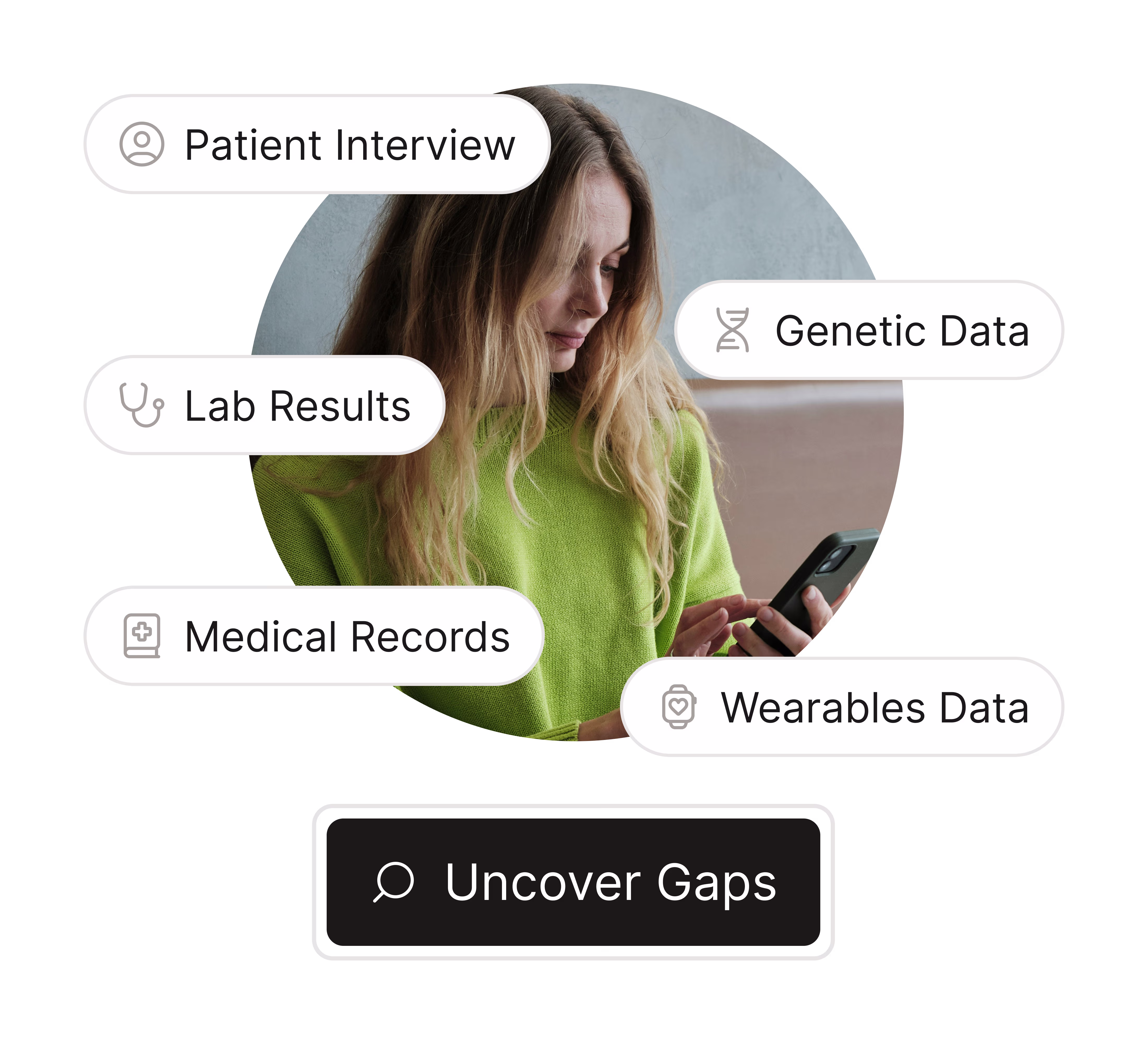 Woman reviewing genetic and lab data on phone — AI-powered healthcare Hedfirst.